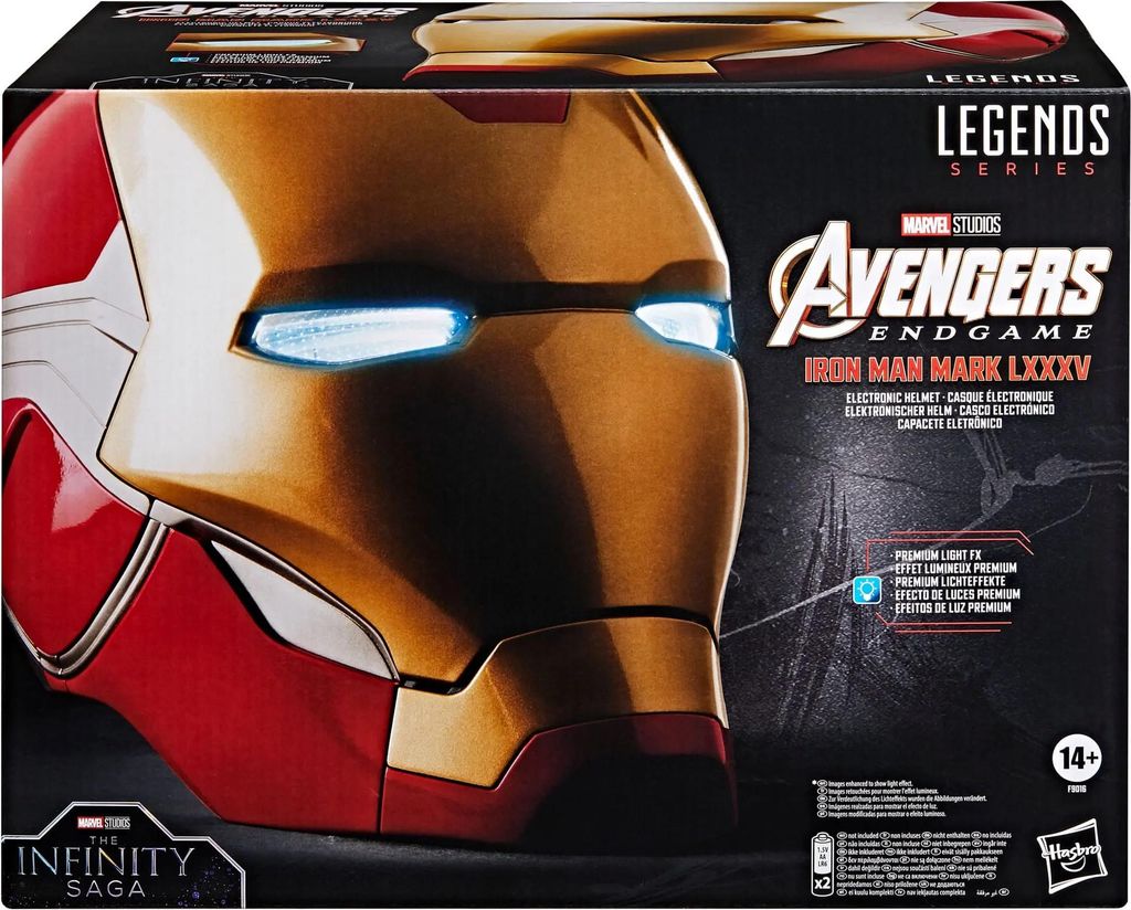 The image shows the packaging for an Iron Man Mark LXXXV electronic helmet from Marvel's Avengers Endgame.