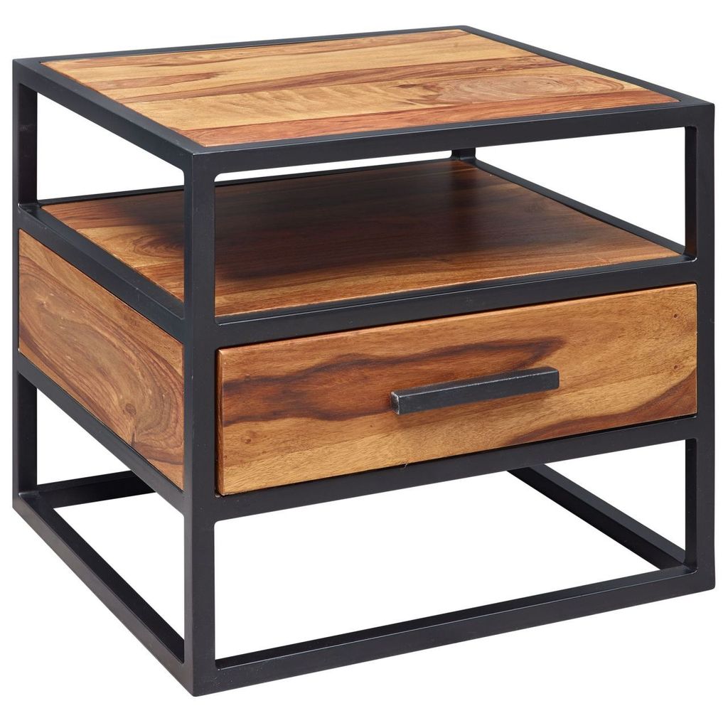 Nachtkonsole 50 x 45 x 45 cm WL5.624 Sheesham Holz Metall Schwarz Nachttisch, Nachtkästchen mit Schublade Industrial Design, Industrie Nachtkommod...