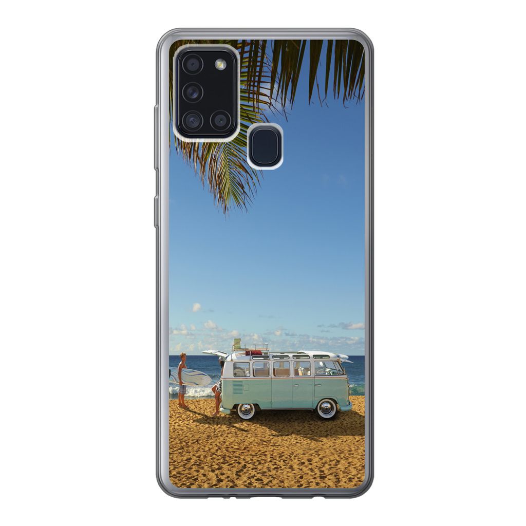 MuchoWow Handyhülle Schutzhülle Hülle für Samsung Galaxy A21s Strand - Bus - Surfen Silikon Softcase Handy Hülle - Hartschale