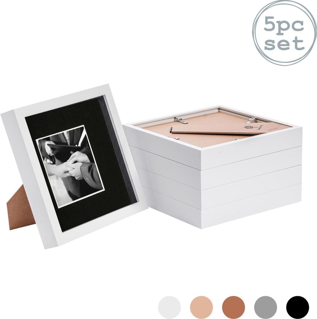 Nicola Spring 5 Stück 8 x 8 3D-Schatten-Kasten-Foto-Rahmen-Set - Craft Anzeigen Bilderrahmen mit 4 x 4 Montage - Glas Aperture - Weiß / Schwarz