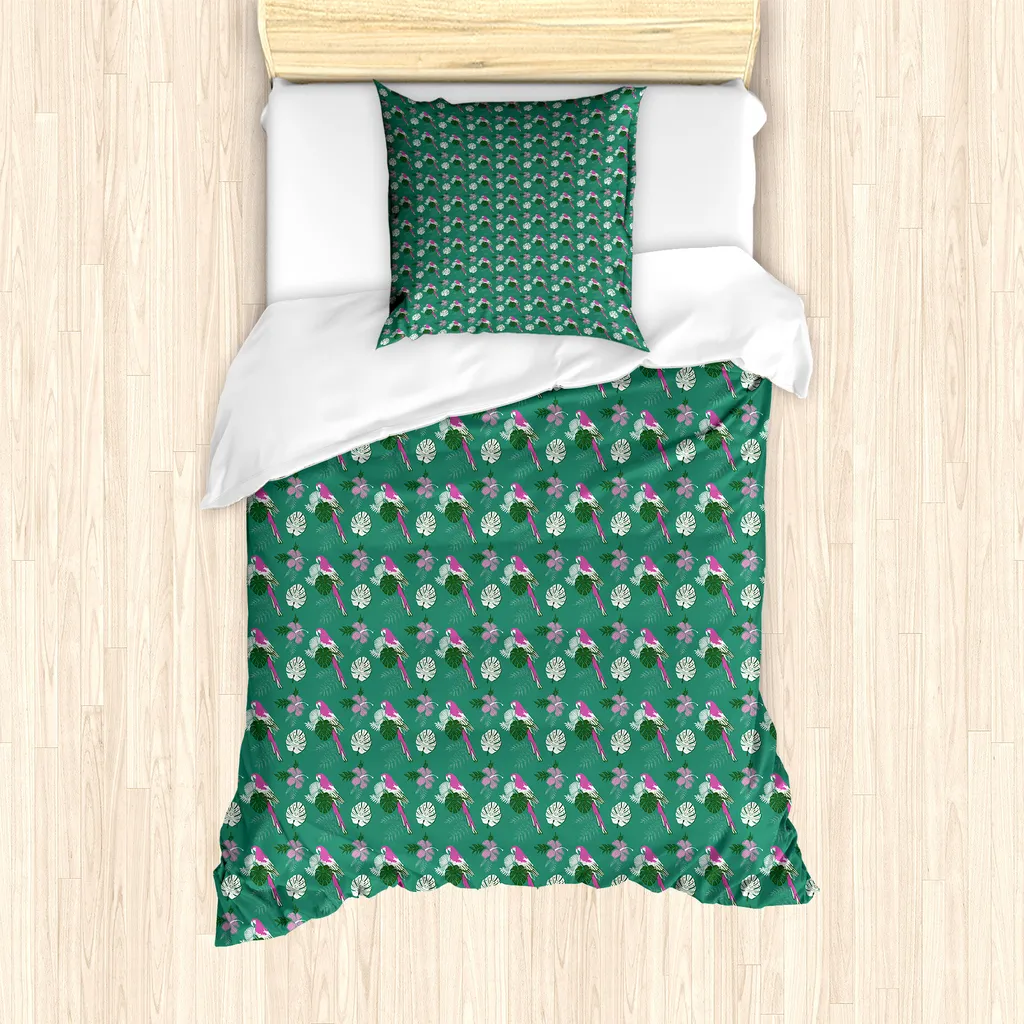 ABAKUHAUS Set copripiumino esotico per letti singoli, Parrot e Monstera Leaves, antiacaro, adatto a chi soffre di allergie, con federa, 135 cm x 200 cm - 80 x 80 cm, verde giada fucsia