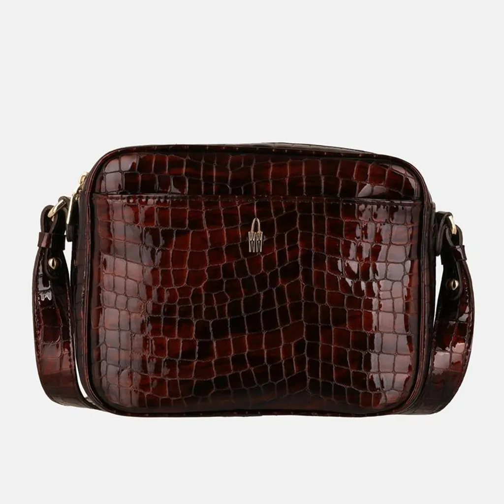 Petit sac à main bandoulière marron en cuir verni brillant modèle ROSA