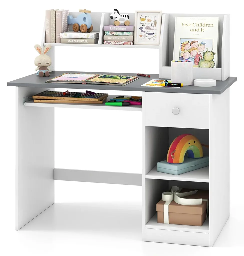 Bureau enfant en bois blanc avec tablette coulissante et tiroir - Modèle L10