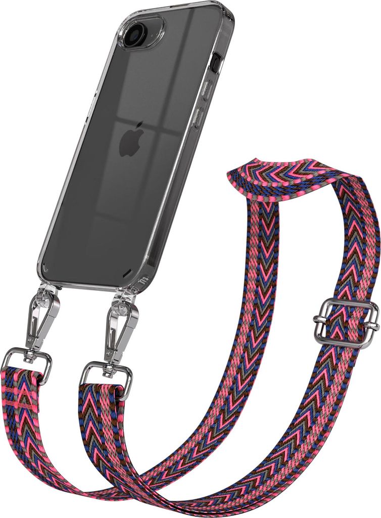 Apple iPhone 16e / 17e Chain Eyelets Slim Neck Strap Set Zig Zag hot Pink - Blue 5 Metall Silver