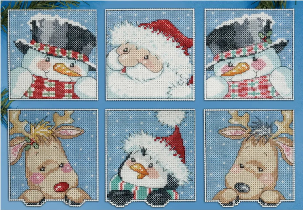 Kit per ricamo a punto croce Design Works "Decorazioni per l'albero di Natale divertenti amici set di 6", schema contato, 9x9cm