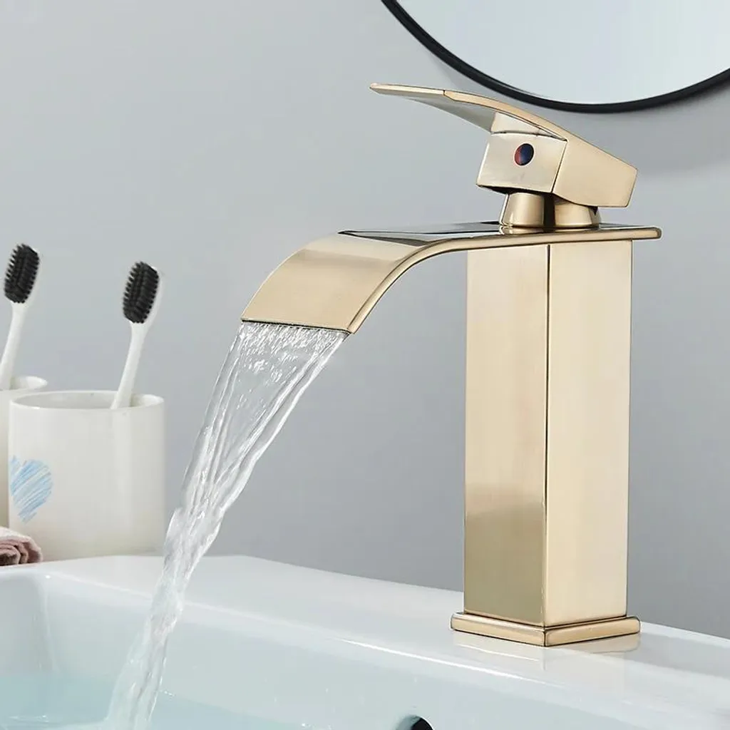 HEYMYTAP Rubinetto Bagno A Cascata In Oro Spazzolato - 3 Fori, 2 Maniglie, Ottone, Con Scarico Pop-Up. Distanza Fori Regolabile 10-40 Cm. Design Aerodinamico, Anticorrosione, Facile Installazione. - 4