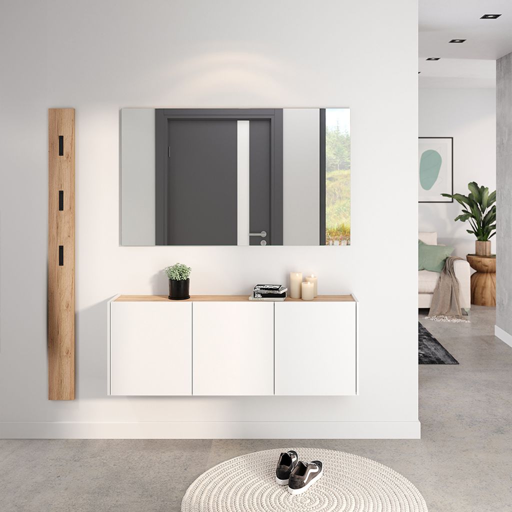 Garderobenset 3-teilig mit Spiegel in weiß mit Eiche, Modern, LAPUA-01