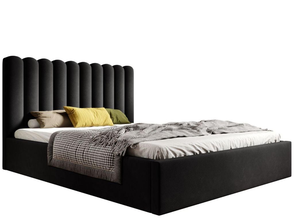 KLICKMOEBEL Polsterbett 180x200 HEKORA 13 Schwarz – Komfortables Bett mit Bettkasten, halbgerolltem Kopfteil