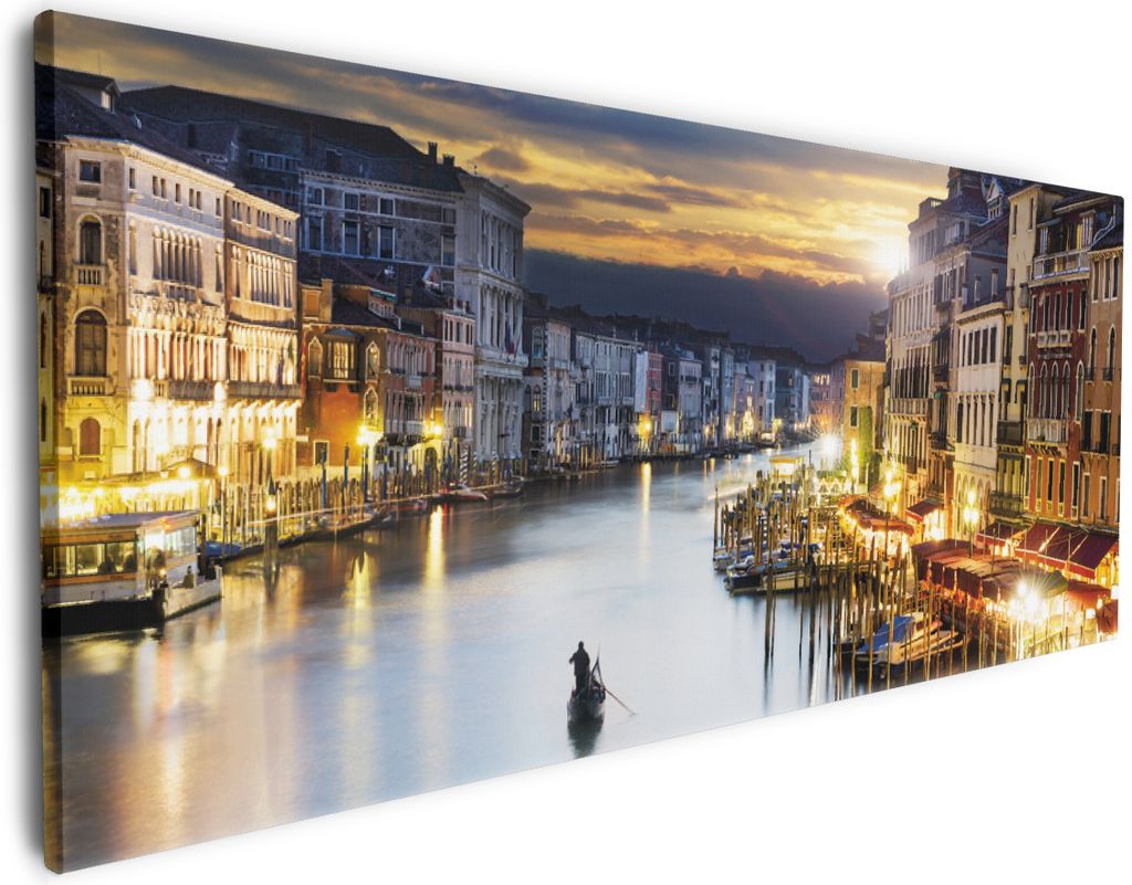 Wallario Premium Leinwandbild Canal Grande in Venedig am Abend mit untergehender Sonne in Größe 60 x 150 cm