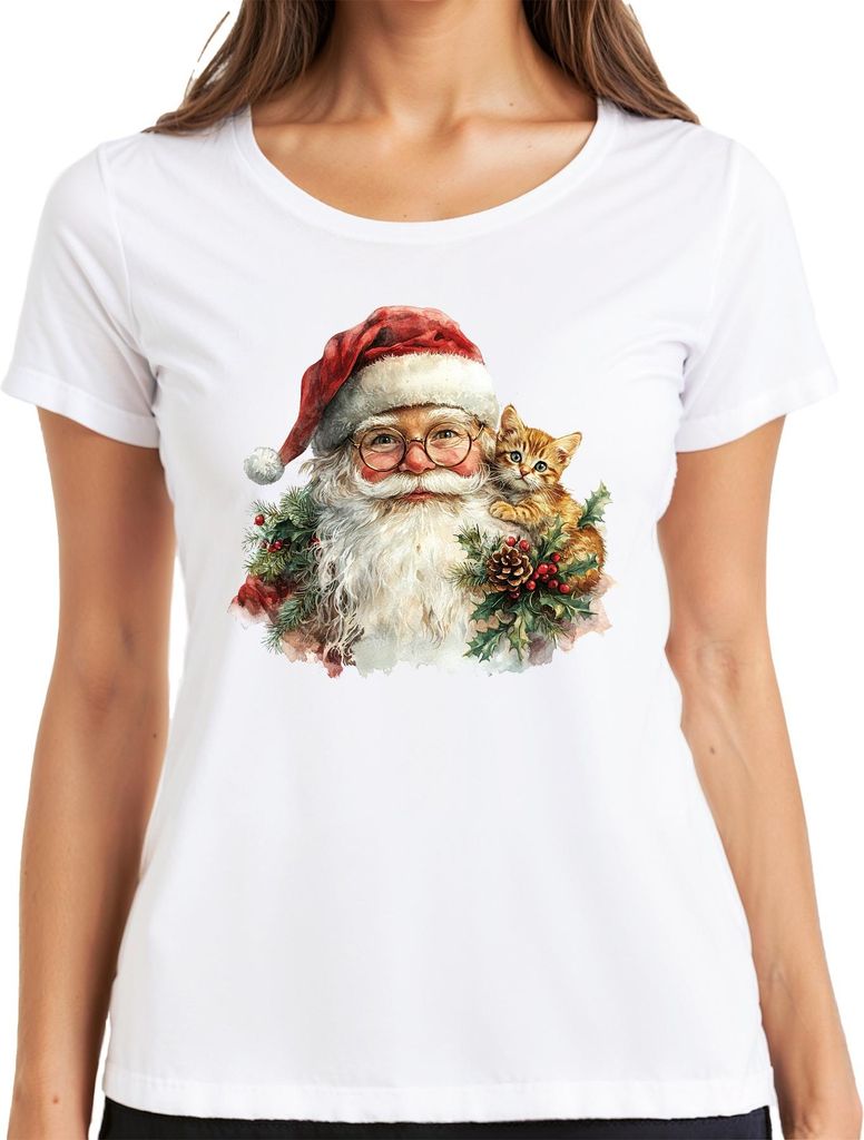 Weihnachtsmann Kätzchen Stechpalme Tannenzweig Zapfen Weihnachten Damen T-Shirt, Weiß, XL
