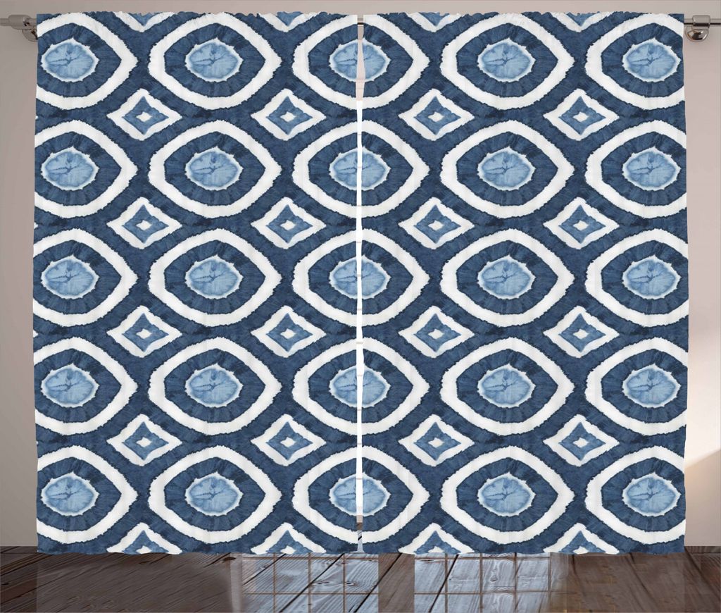 ABAKUHAUS asiatisch Rustikaler Vorhang, Shibori Färben Stil, Wohnzimmer Universalband Gardinen mit Schlaufen und Haken, 280 x 245 cm, Nachtblau un...