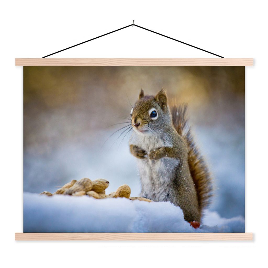 MuchoWow Textilposter Eichhörnchen - Nüsse - Schnee - Winter - Nagetiere - Jahreszeiten 40x30 cm mit holzfarbenen Rahmen - Bilder