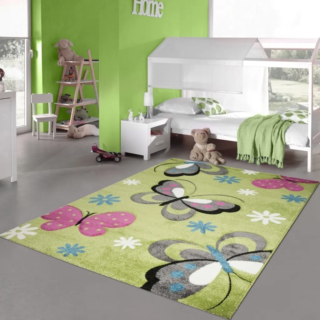 Tapis vert motifs papillons colorés 160x230 cm - Texture douce enfant