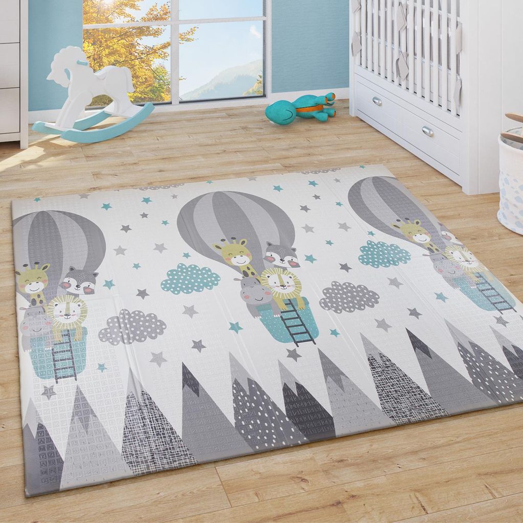 Spielmatte Krabbelmatte Baby Wendbar Abwischbar Tiere Wolken Sterne Mond Weiß Grau Grösse 150x200 cm