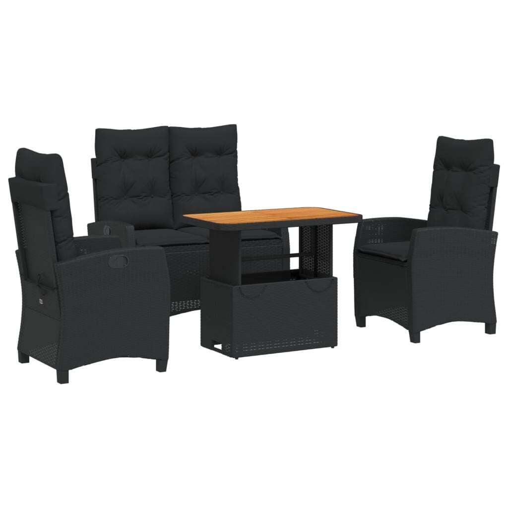 4-tlg. Garten-Essgruppe mit Kissen Schwarz Poly Rattan