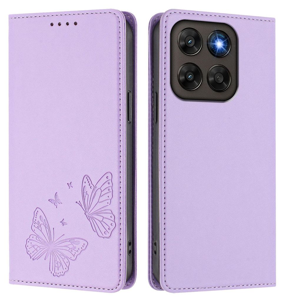 Lederhülle für Motorola Moto G67/Moto G77, Schmetterling Prägung Leder Brieftasche Schutzhülle mit Ständer Violett