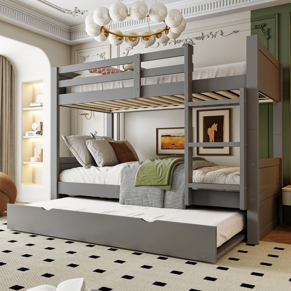 MODFU Jugendbett 90 x 200 mit Ausziehbett,Gerade Leiter und Sicherheitsgeländer,3-in-1 Etagenbett,Kinderbett mit Lattenrost und zwei Matratze,Grau