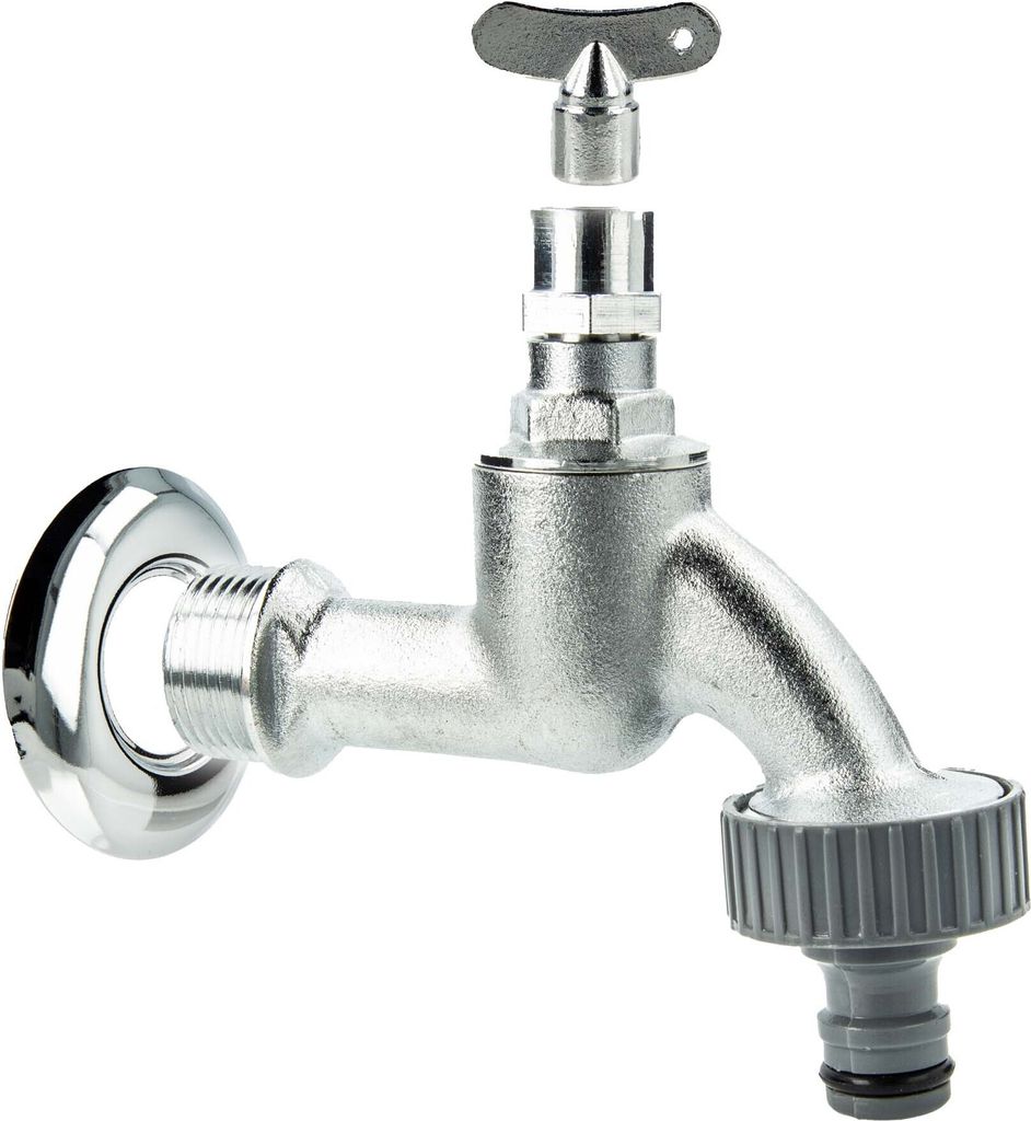 tecuro Auslaufventil 3/4 Zoll, Steckschlüssel-Oberteil, Steckkupplung, Wandrosette, Dichtband, MS mattverchromt