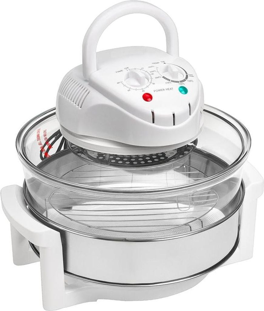 A white halogen oven with a glass bowl and a metal rack inside, shown against a white background.