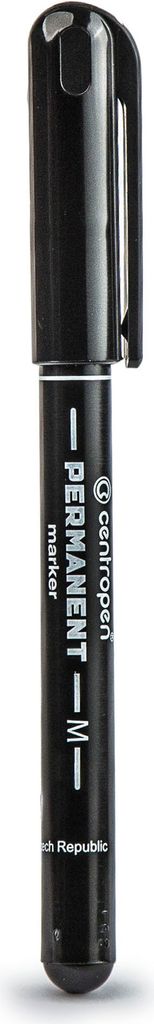 A black permanent marker with text and a logo on its body, set against a white background.