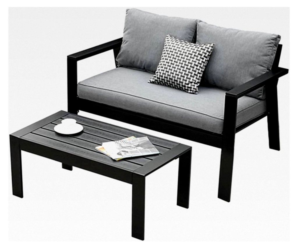 Aluminium Gartenmöbel Set mit 2-Sitzer Gartensofa und Gartentisch 100x50 cm, wetterfestes Balkonmöbel Set für kleine Balkone, Schwarz