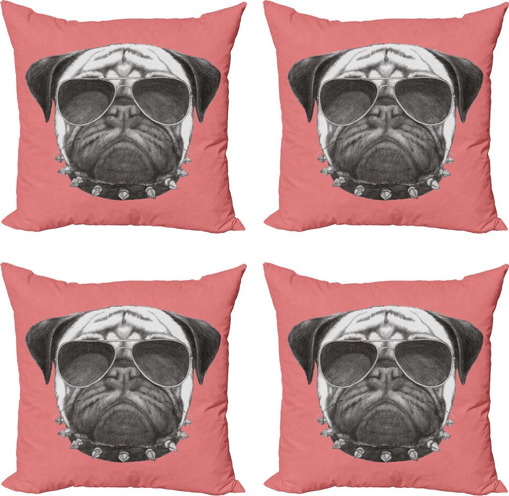 ABAKUHAUS Tier Kissenbezug Set (4 Stück), Mops-Hund Sonnenbrille Colar, Moderner Doppelseitiger Digitaldruck, 40 cm x 40 cm, Koralle und Grau