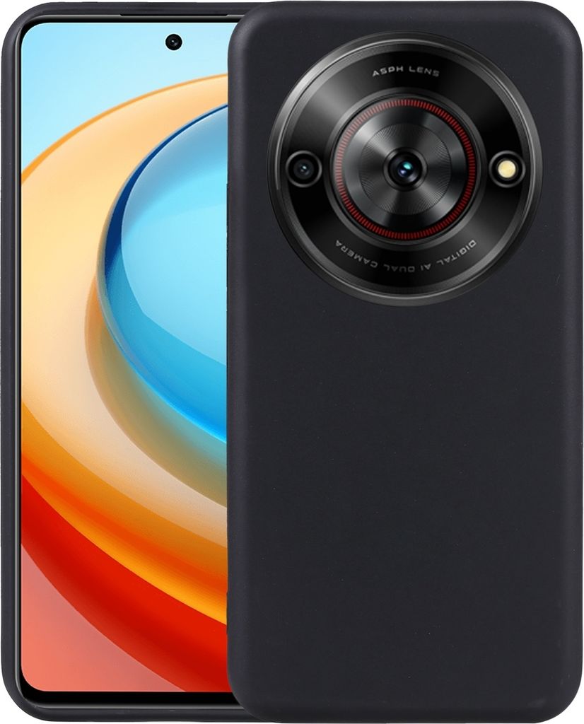A black smartphone case is shown from the back, with the phone screen visible on the left.