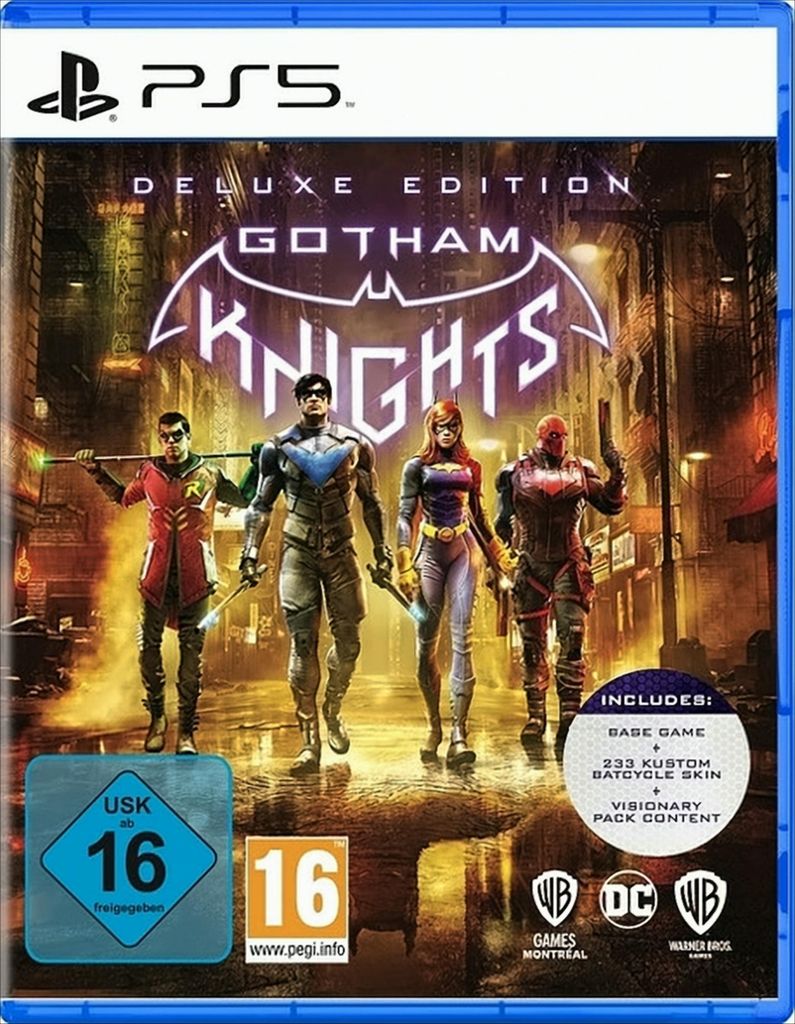 The image shows the front cover of a video game case for Gotham Knights Deluxe Edition on PS5.