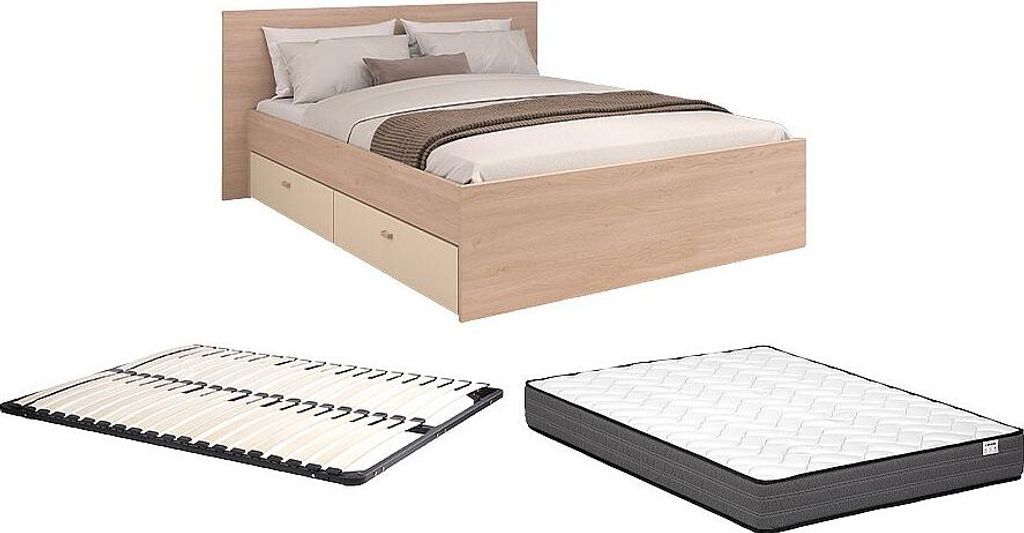 Bett mit 4 Schubladen – 140 x 190 cm + Lattenrost + Matratze – Natur & Beige – VELONA