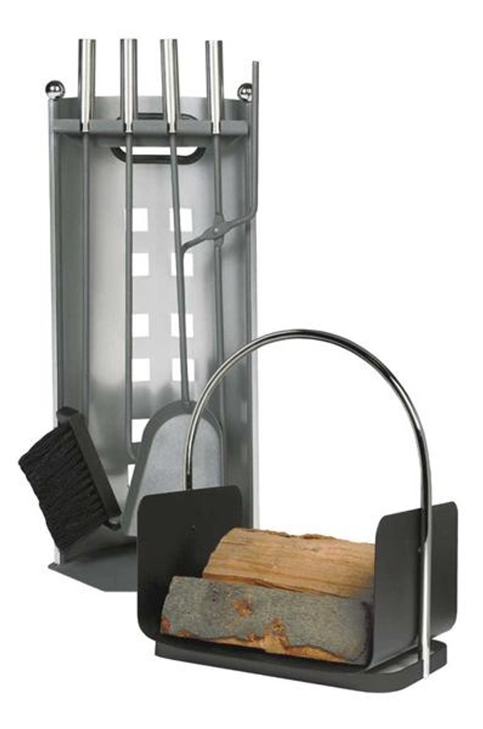 Kaminofen Set, 2-teilig, Kaminofenbesteck, Holzkorb- silber/ anthrazit