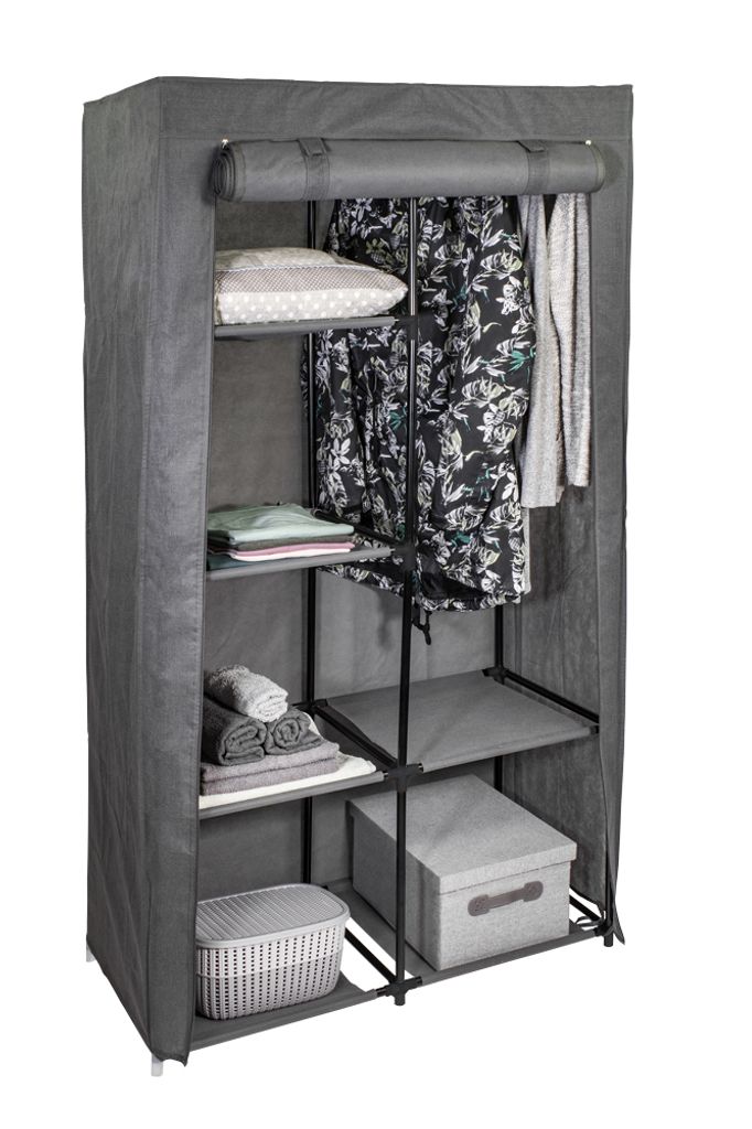 A portable fabric wardrobe with shelves and a hanging rod, filled with folded clothes and a dress.