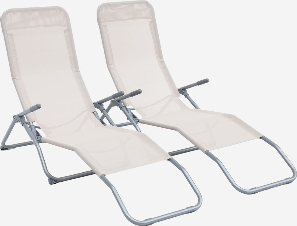 Two white lounge chairs are shown against a white background.