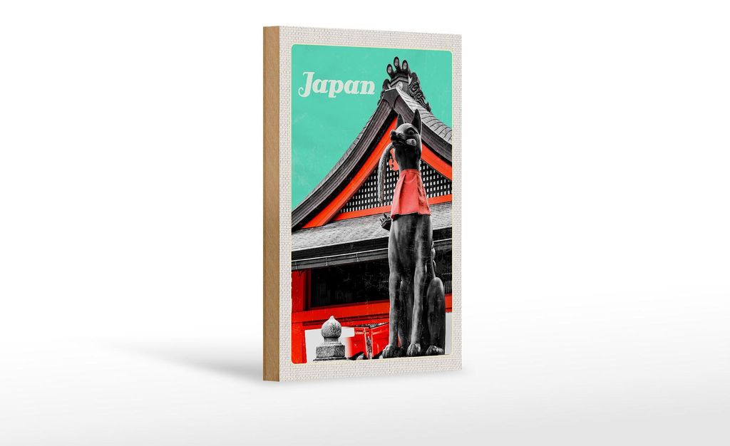 Holzschild Reise 12x18cm Japan Miyajima Tempel Kitsune Statue