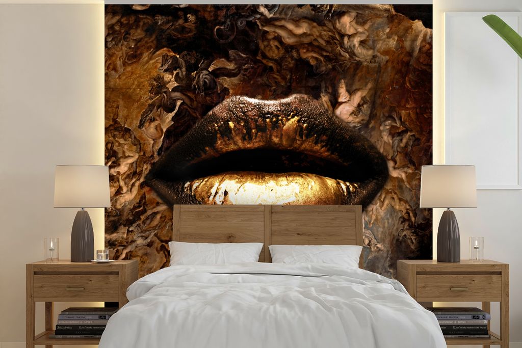 MuchoWow Fototapete für Wohnzimmer oder Schlafzimmer Wandtapete Vinyl Motivtapete Gold - Lippen - Luxus - 300x300 cm - Wanddekoration