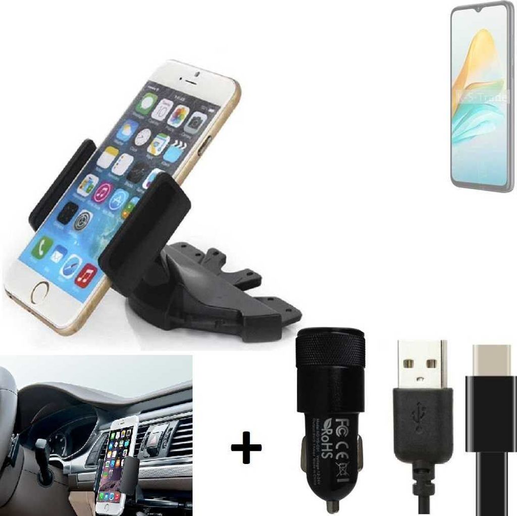 K-S-Trade CD Schlitz Handy-Halterung kompatibel mit ZTE Blade A53 Autohalterung KFZ-Halter Radio Handy Halterung 360° drehbar CD-Schacht inkl. USB-C