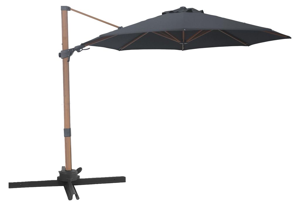 AXI Solis Ampelschirm Rund Ø 300 cm in Holz Look/Grau | Sonnenschirm für Garten / Terrasse mit Pulverbeschichtetes Gestell | Inkl. Kreuzfuß &