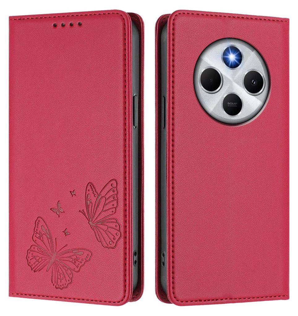 Lederhülle für Xiaomi Poco M7 5G/C75 4G/Redmi 14C/14R/A4/A3 Pro, Schmetterling Prägung Leder Brieftasche Schutzhülle mit Ständer Rot