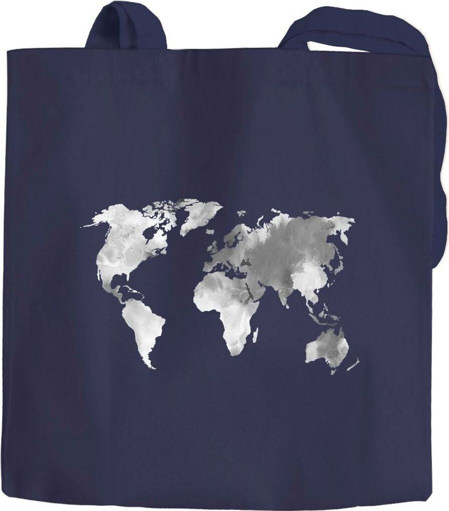 Jutebeutel Weltkarte Wasserfarben Watercolor World Map Baumwolltasche Stoffbeutel Einkaufstasche Autiga navy 2 lange Henkel