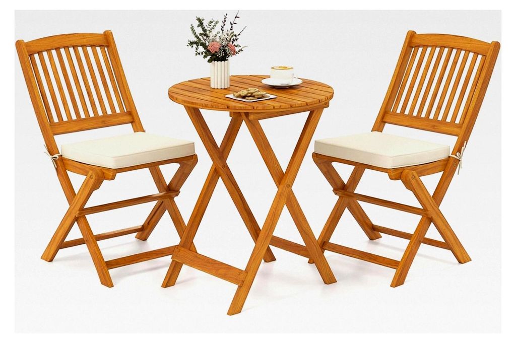 3-teiliges Gartenmöbelset aus Akazienholz, klappbares Balkonmöbel-Set, inkl. Rundtisch und 2 Stühlen mit Kissen, Sitzgruppe für den Außenberei...