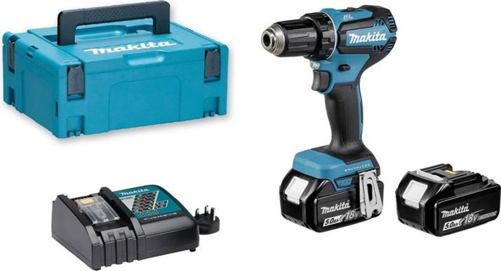 A cordless drill, two batteries, and a charger are displayed on a white background, along with a blue storage case.