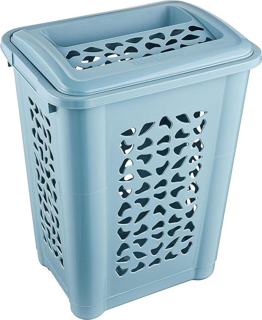 A light blue laundry basket with a lid, shown from a three-quarter angle against a white background.