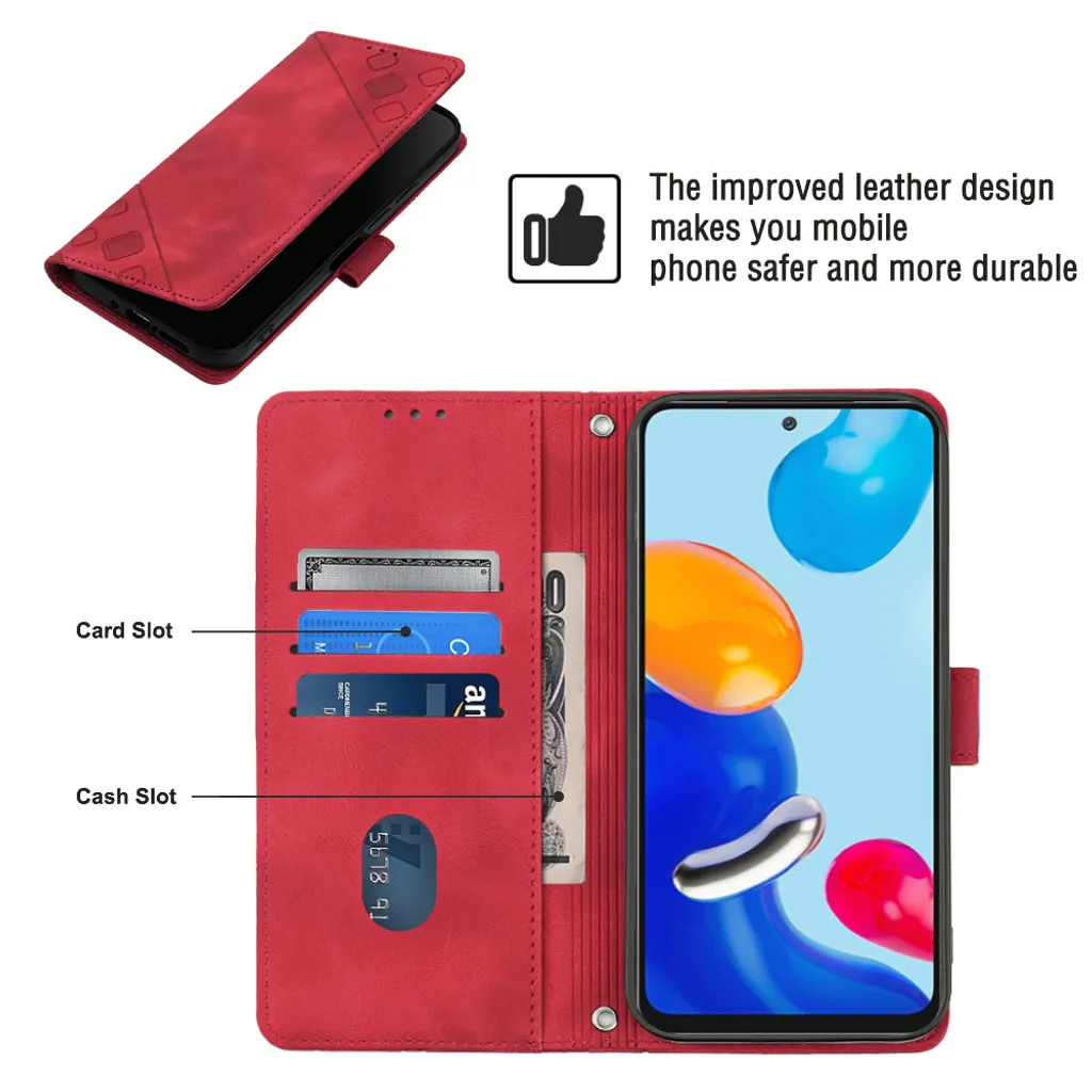 Custodia per Xiaomi Redmi Note 11S / Note 11 4G in rilievo Custodia a portafoglio in pelle Flip con funzione stand rosso - 5