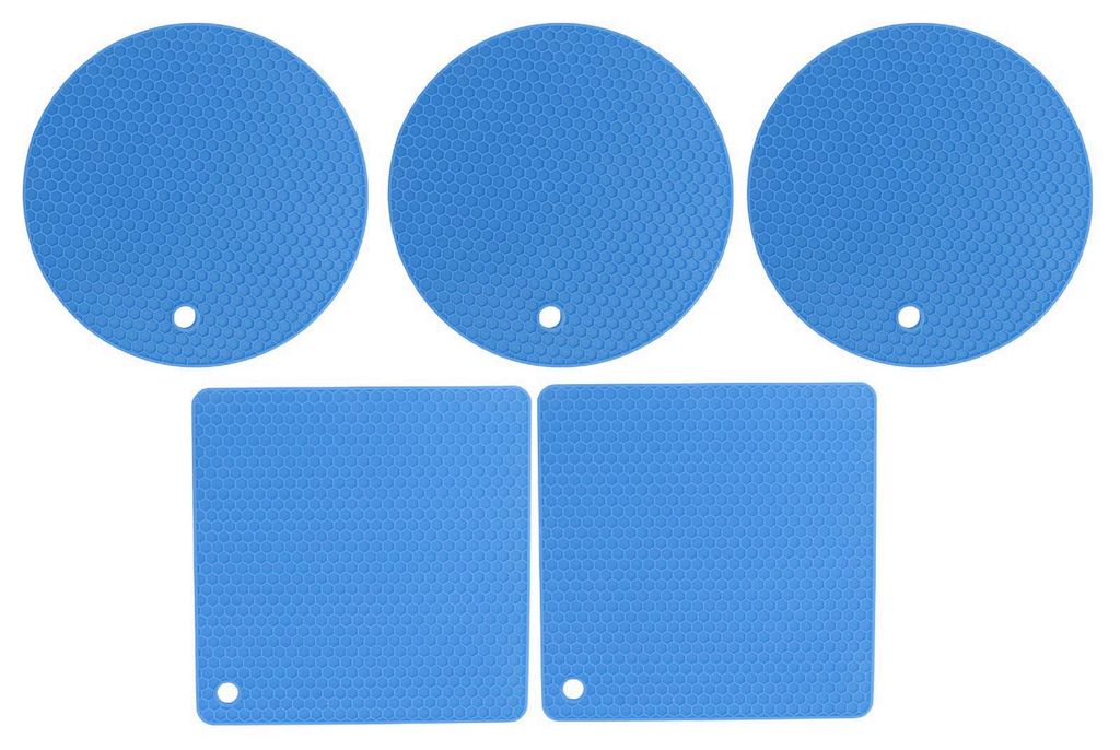 5 Stück Silikon-Untersetzer, quadratisch, rund, Wabenmuster, rutschfest, hitzebeständig, für Teller, Pfannen, Küchentöpfe, blau