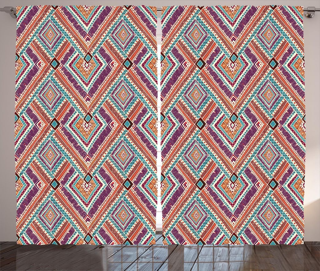 ABAKUHAUS Stammes Rustikaler Gardine, Diagonal Ethno-Muster, Schlafzimmer Kräuselband Vorhang mit Schlaufen und Haken, 280 x 245 cm, Lila und Teal