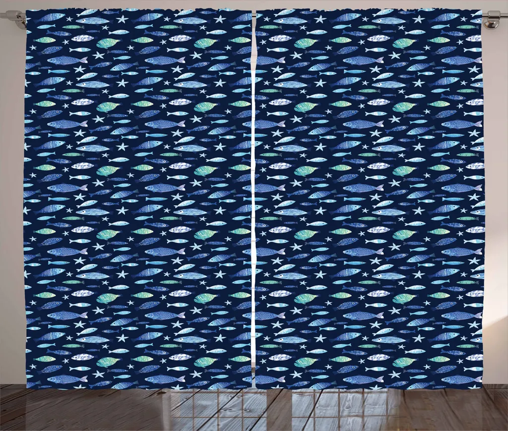 ABAKUHAUS Pesci Tenda rustica, sagome di acquario, soggiorno Nastro universale Tende con passanti e ganci, 280 x 225 cm, blu navy Seafoam