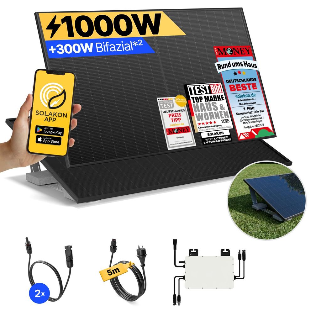 Balkonkraftwerk 1000W Solaranlage mit Garten Halterung Steckerfertig Komplettset Photovoltaik Anlage 800W, Kabellänge: 5m, Solakon - onBasic
