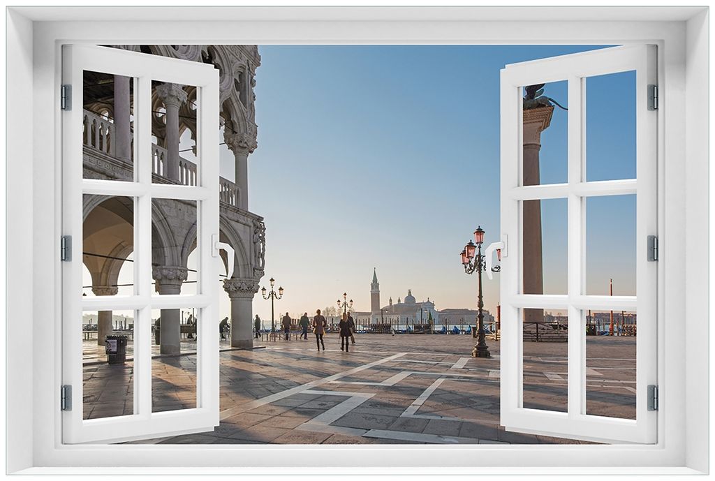 Wallario Premium Glasbild mit Fensterrahmen, freischwebende Optik, kräftige Farben, Größe 60 x 90 cm Motiv Venedig - Dogenpalast, Markusplatz un...