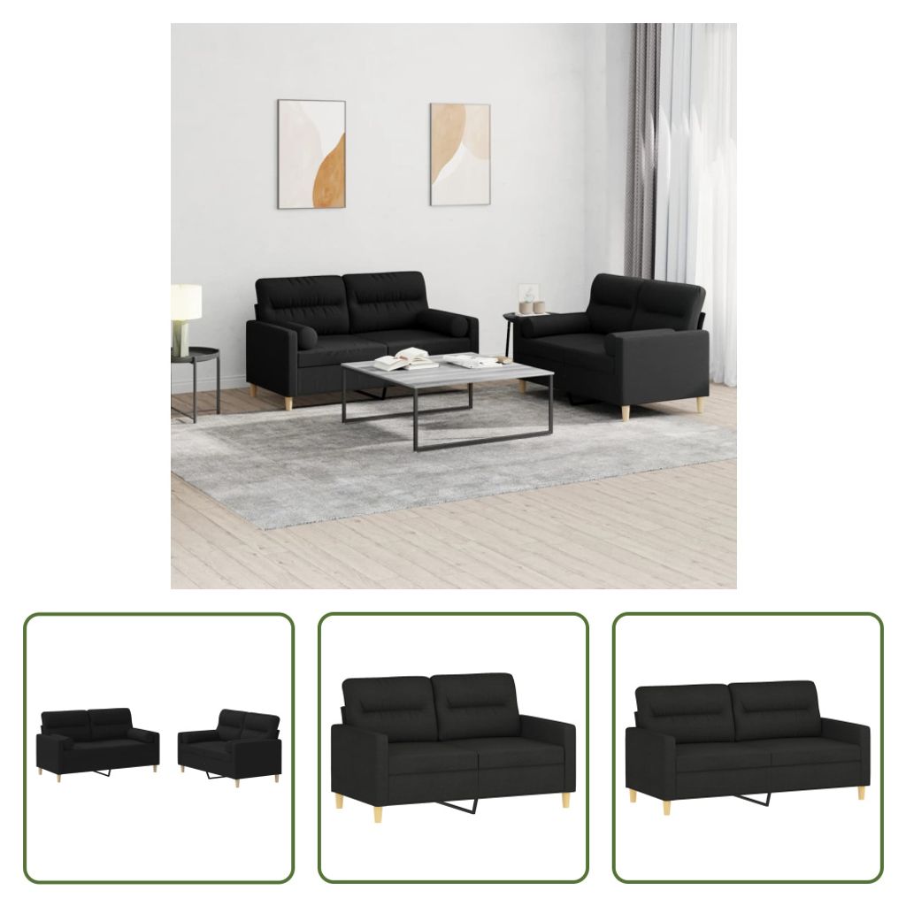 The Living Store 2-tlg. Sofagarnitur mit Kissen Schwarz Stoff