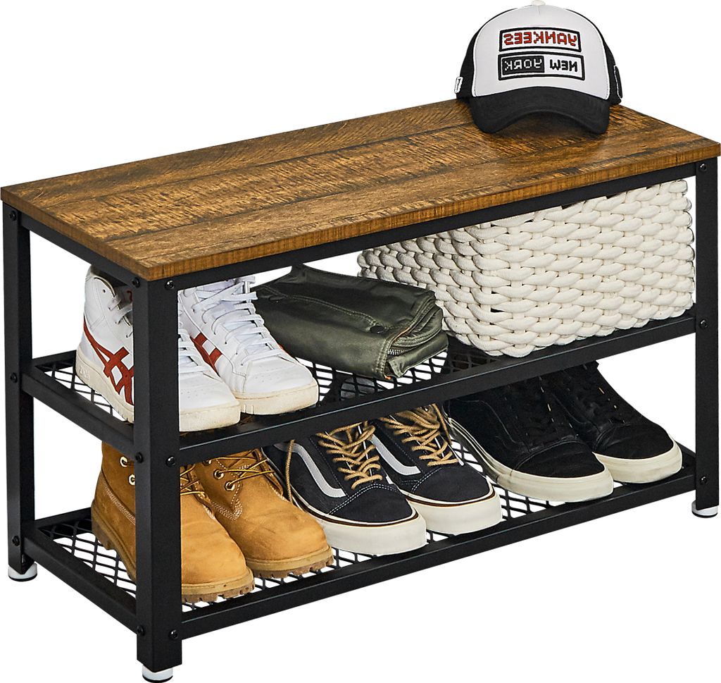 A shoe rack bench with various shoes and a basket on top.