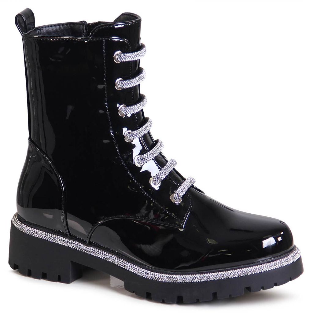 Damen Stiefeletten Glitzer Worker Boots Schwarz Lack 37 EU